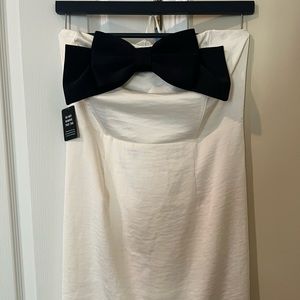 Express Satin Ivory Dress With Black Bow. NEW